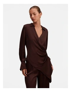 Maude Asymmetrical Drape Shirt in Brown