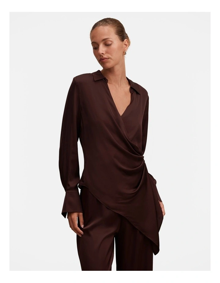 Maude Asymmetrical Drape Shirt in Brown image 1