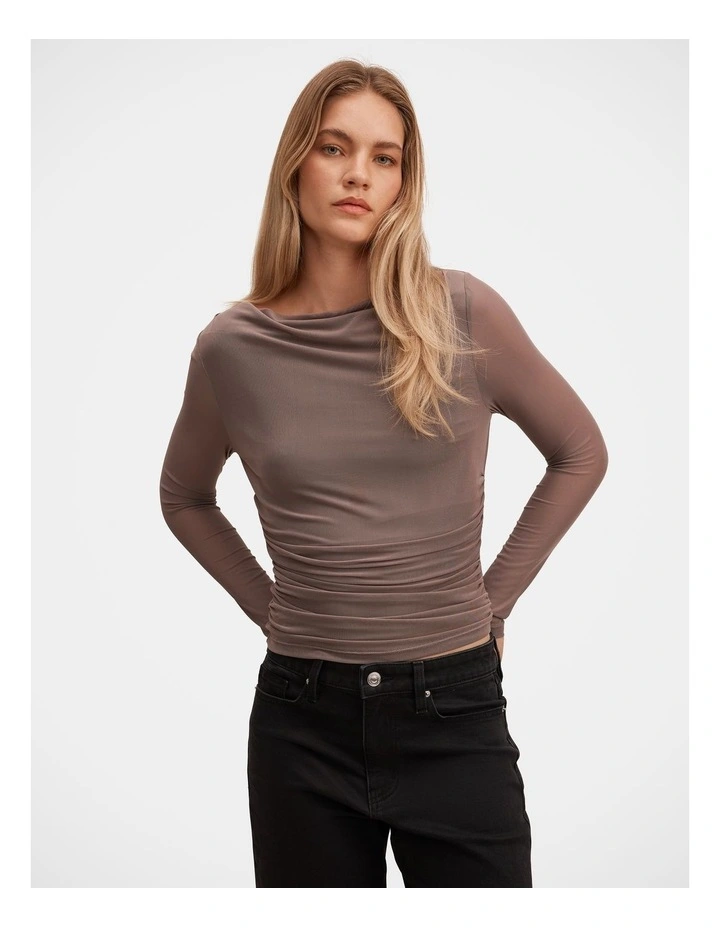 Lorelai Long Sleeves Cowl Neck Top in Brown image 1