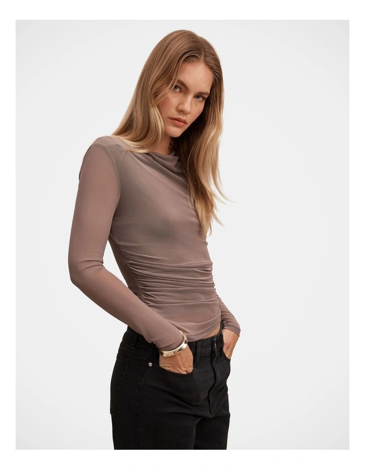 Lorelai Long Sleeves Cowl Neck Top in Brown image 3