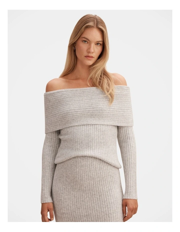 Marcie Ribbed Knitted Bardot Top in Grey image 1
