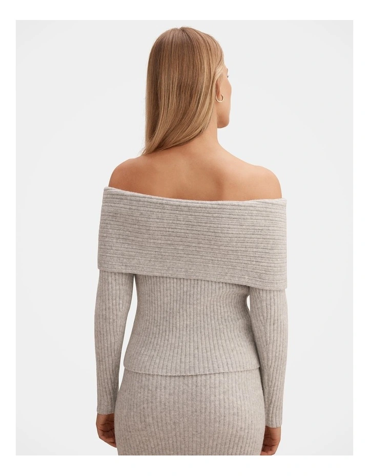 Marcie Ribbed Knitted Bardot Top in Grey image 2