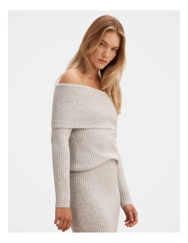 Marcie Ribbed Knitted Bardot Top in Grey image 3