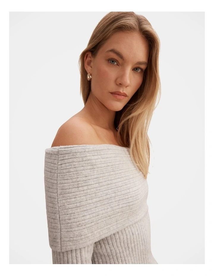 Marcie Ribbed Knitted Bardot Top in Grey image 4