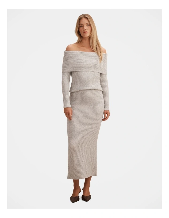 Marcie Ribbed Knitted Bardot Top in Grey image 5