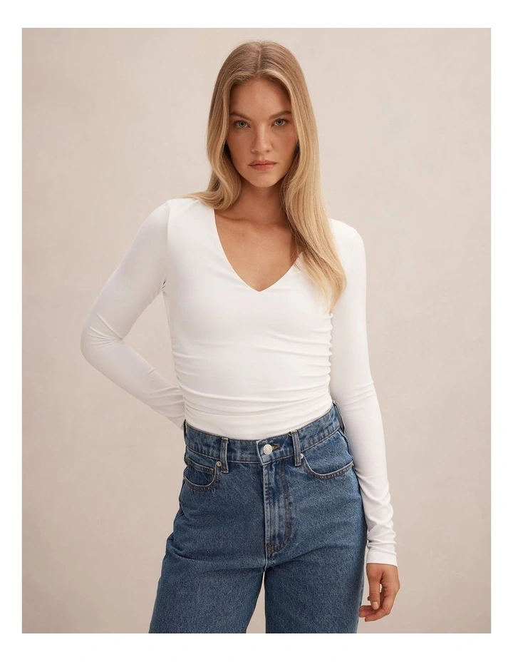 Alice V Neck Long Sleeve Top in White image 1