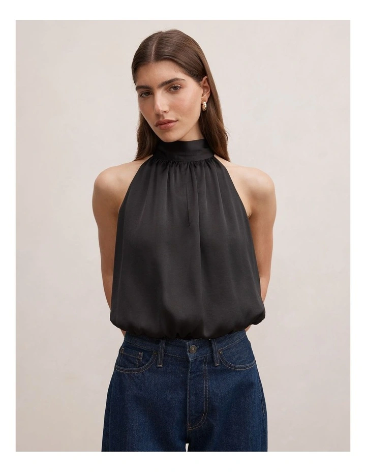 Scarlett Halter Neck Bubble Hem Top in Black image 1