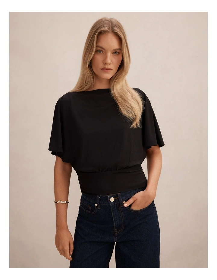 Piper Cinched Flutter Sleeves Top in Black image 1