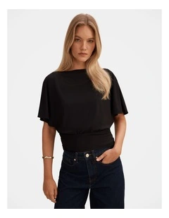 Piper Cinched Flutter Sleeves Top in Black