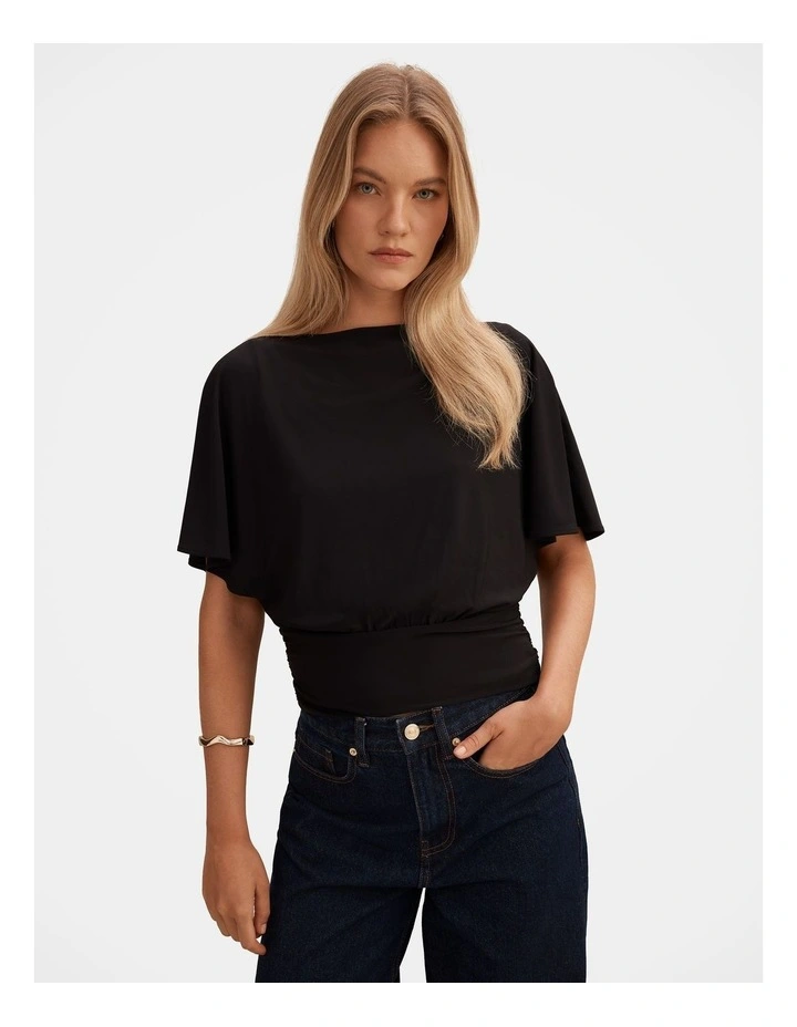 Piper Cinched Flutter Sleeves Top in Black image 1