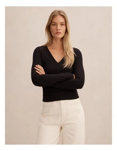 Alice V Neck Long Sleeve Top in Black