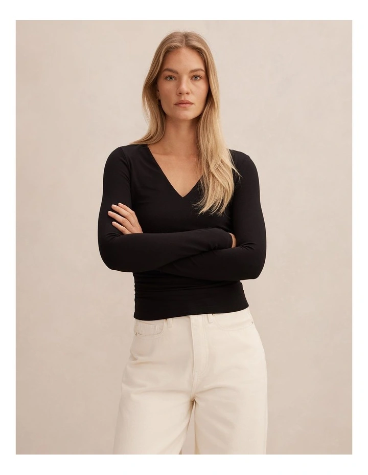 Alice V Neck Long Sleeve Top in Black image 1