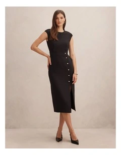 Lisette Column Button Midi Dress in Black