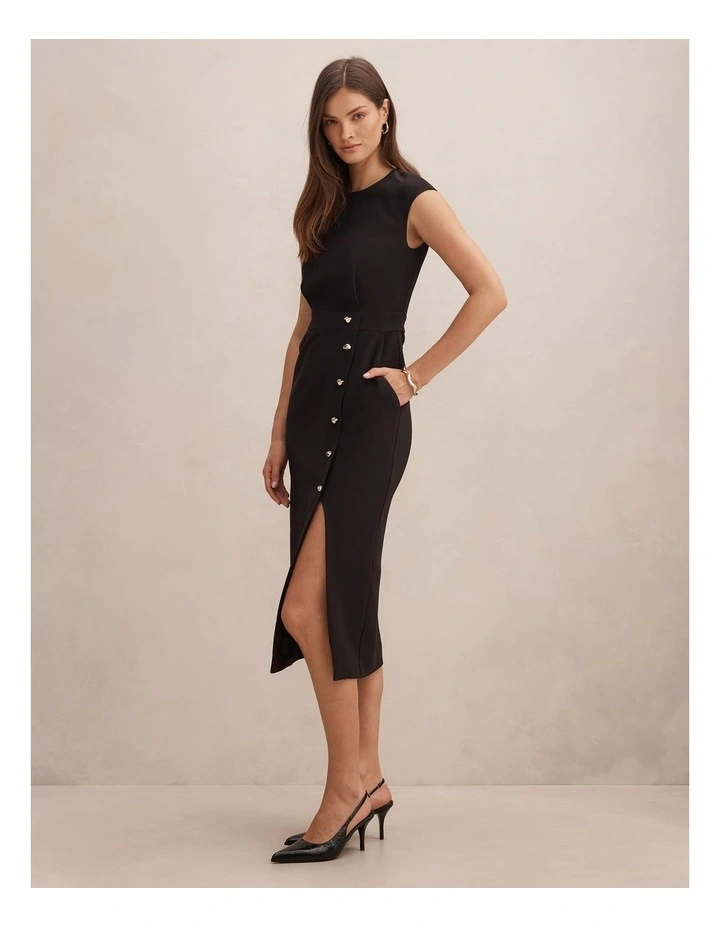 Lisette Column Button Midi Dress in Black image 3