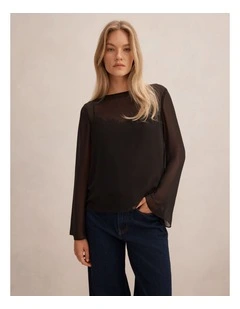 Lottie Sheer Long Sleeves Top in Black