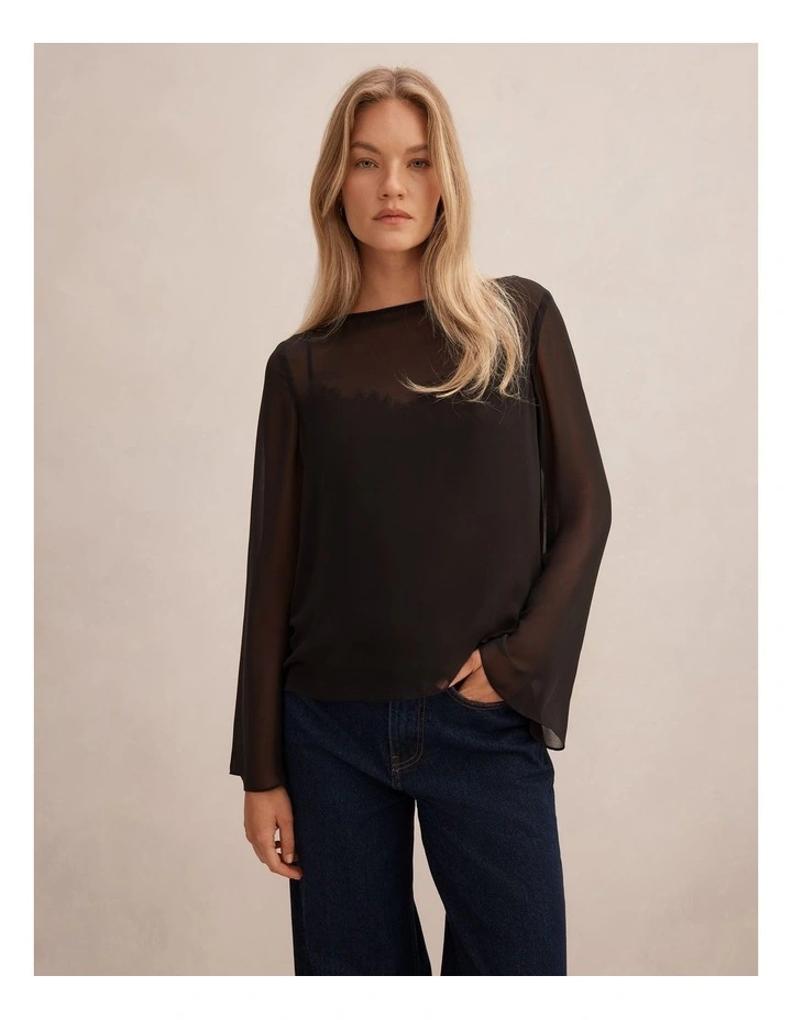 Lottie Sheer Long Sleeves Top in Black image 1