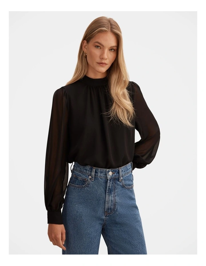 Lottie Sheer Long Sleeves Top in Black image 1