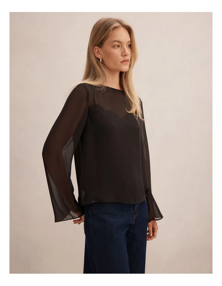 Lottie Sheer Long Sleeves Top in Black image 3