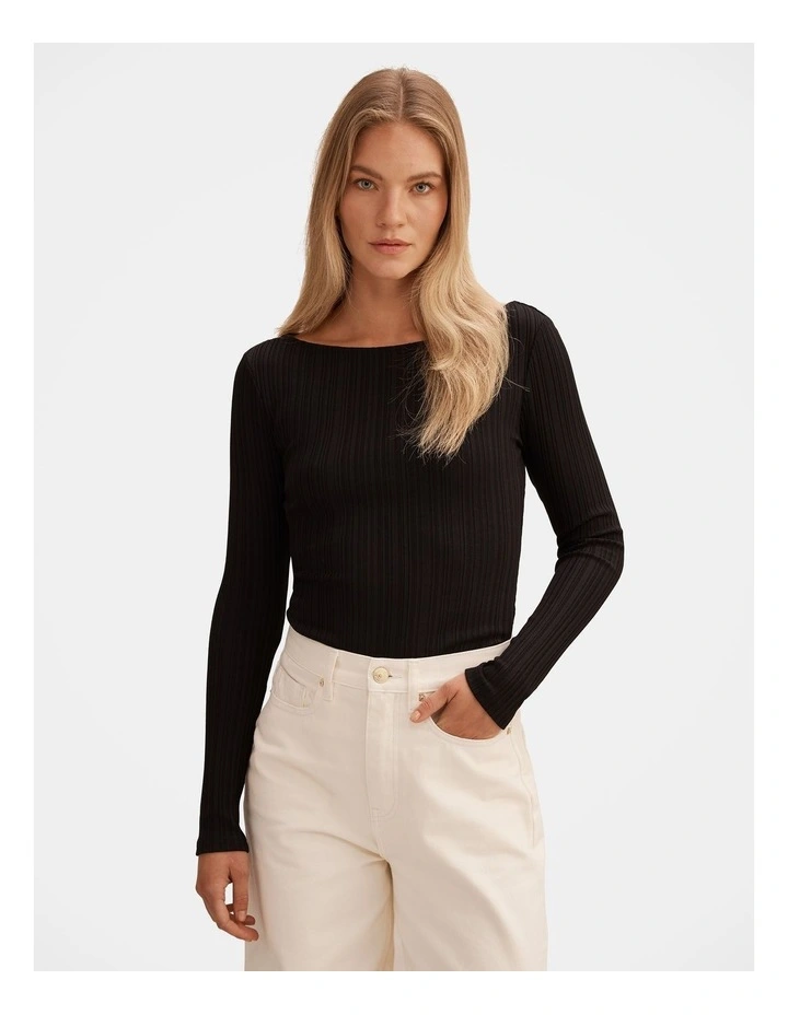 Minka Ribbed Boat Neck Top in Black image 1