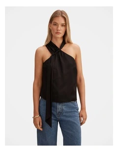 Christina Satin Ruched Cami Top in Black