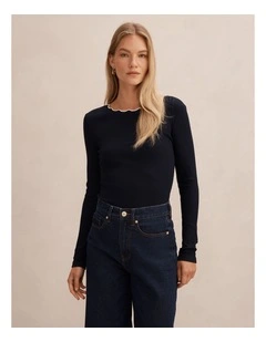 Rebecca Scallop Long Sleeves Top in Navy and Porcelain