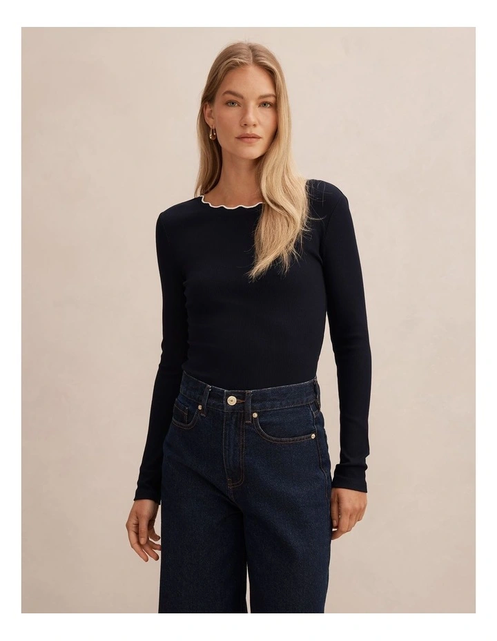 Rebecca Scallop Long Sleeves Top in Navy and Porcelain image 1