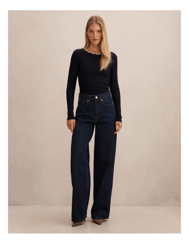 Rebecca Scallop Long Sleeves Top in Navy and Porcelain image 5