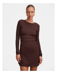Ash Long Sleeves Ribbed Mini Dress in Brown