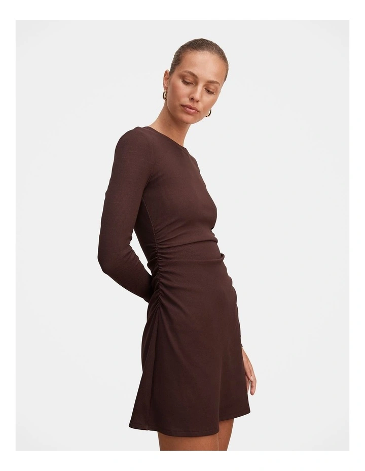 Ash Long Sleeves Ribbed Mini Dress in Brown image 3