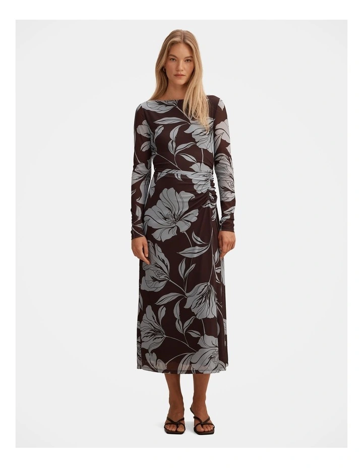 Shelley Gathered Jersey Midi Dress in Brown image 1
