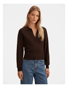 Maddie Cinched Waist Knitted Polo Top in Chocolate