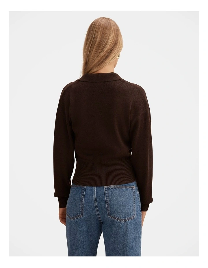 Maddie Cinched Waist Knitted Polo Top in Chocolate image 2