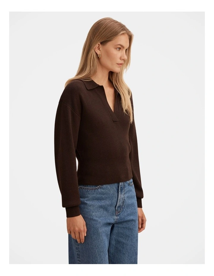 Maddie Cinched Waist Knitted Polo Top in Chocolate image 3