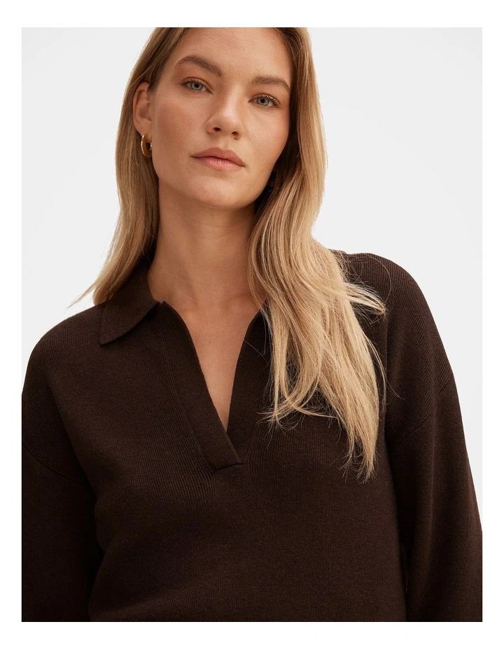 Maddie Cinched Waist Knitted Polo Top in Chocolate image 4