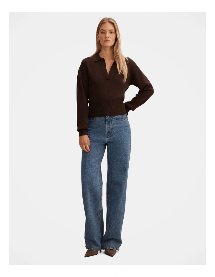 Maddie Cinched Waist Knitted Polo Top in Chocolate image 5