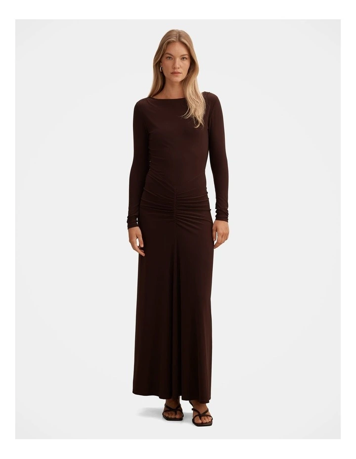 Avery Ruched Jersey Maxi Dress in Brown image 1