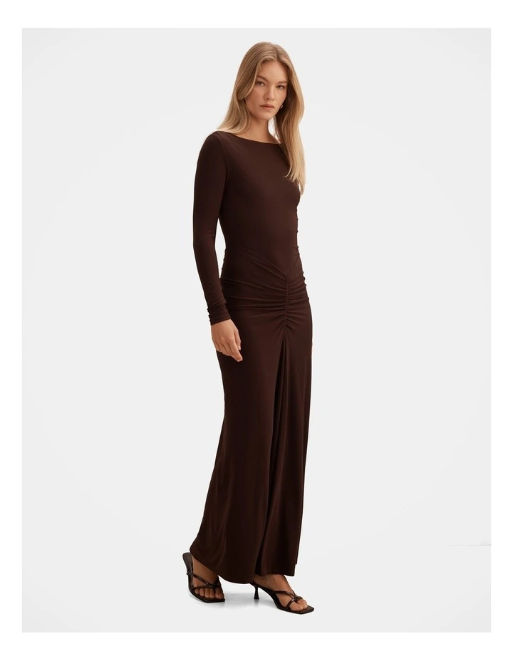 Avery Ruched Jersey Maxi Dress in Brown image 3