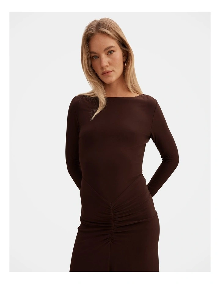 Avery Ruched Jersey Maxi Dress in Brown image 4