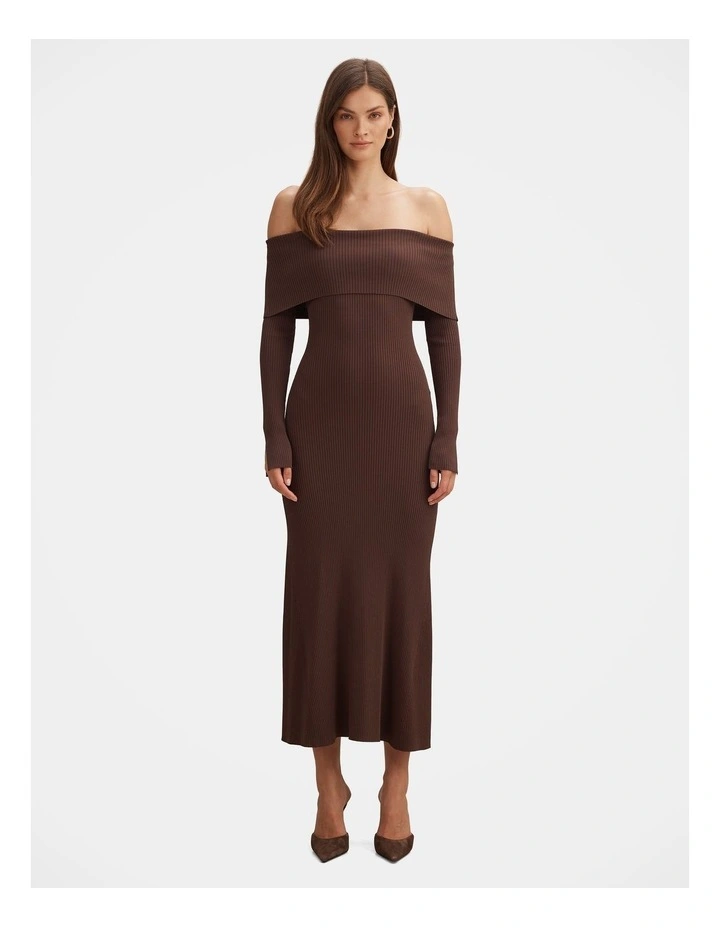 Bobbie Bardot Neck Knitted Dress in Brown image 1