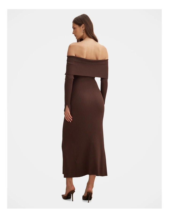 Bobbie Bardot Neck Knitted Dress in Brown image 2