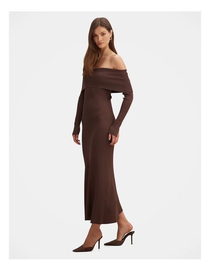 Bobbie Bardot Neck Knitted Dress in Brown image 3