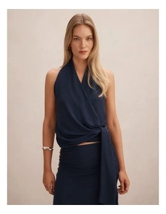 Gianna Wrap Halter Neck Top in Blue
