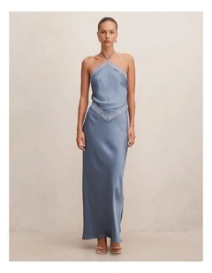 Kelli Lace Strappy Satin Maxi Dress in Blue