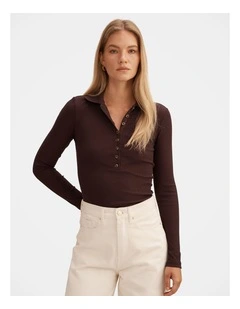 Aaliyah Long Sleeves Ribbed Polo Top in Chocolate