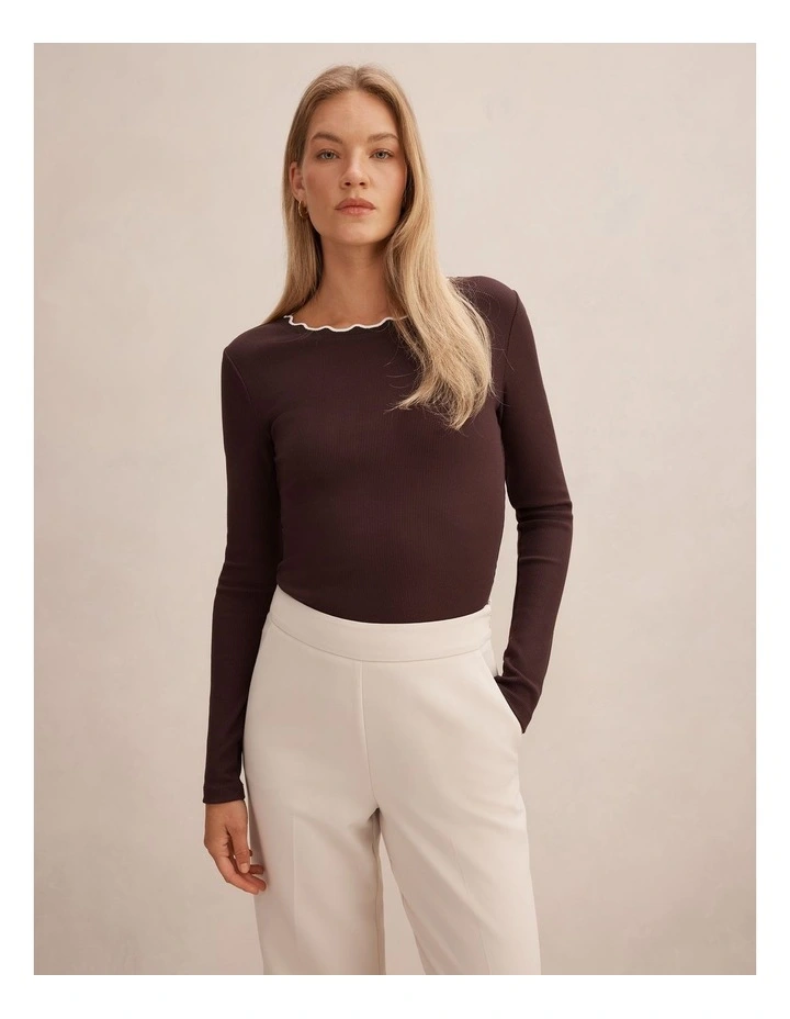 Rebecca Scallop Long Sleeves Top in Chocolate and Porcelain image 1