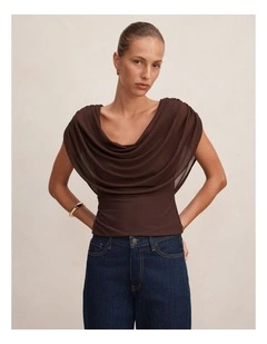 Olivia Draped Mesh Cape Top in Chocolate