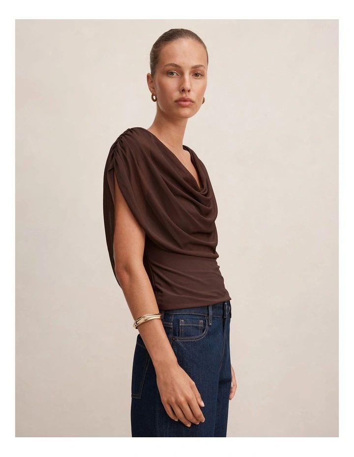 Olivia Draped Mesh Cape Top in Chocolate image 3