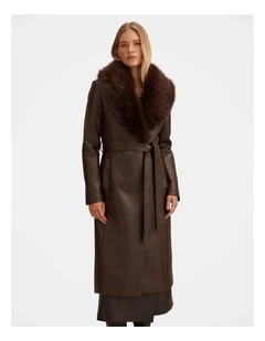 Faith Faux Fur Collar Trench Coat in Chocolate