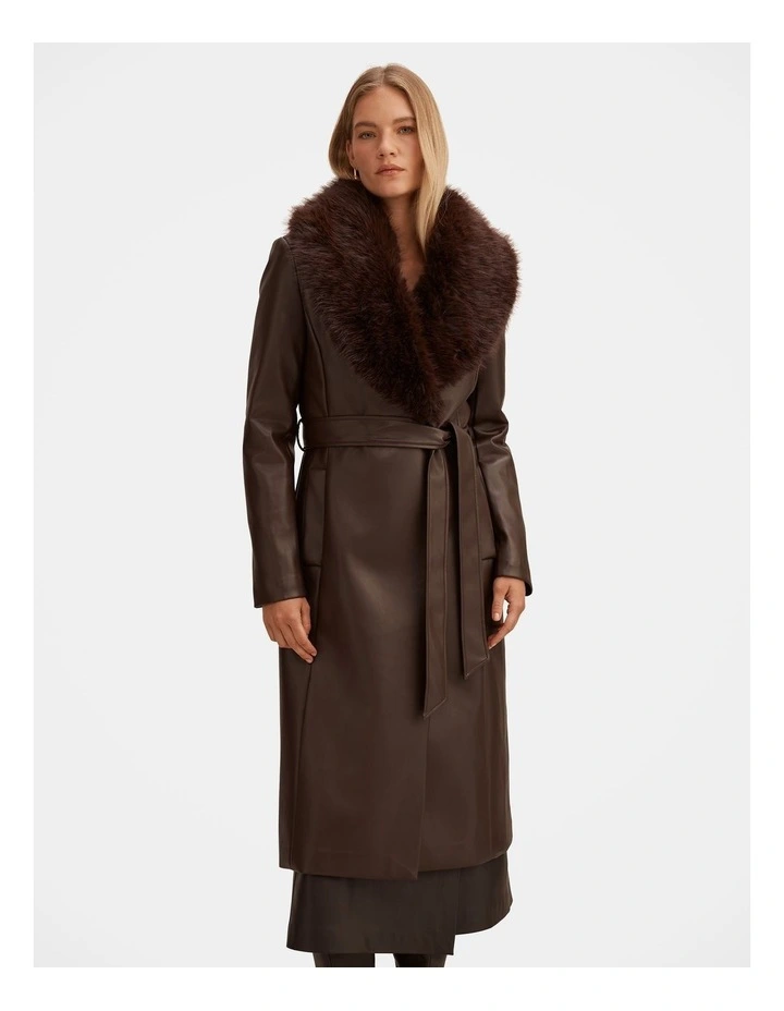 Faith Faux Fur Collar Trench Coat in Chocolate image 1