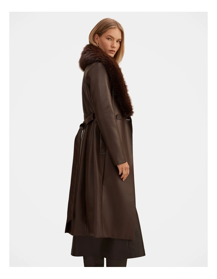 Faith Faux Fur Collar Trench Coat in Chocolate image 3